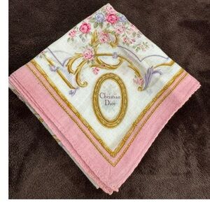 Dior Floral Patterned Scarf with Pink and Gold Accents.